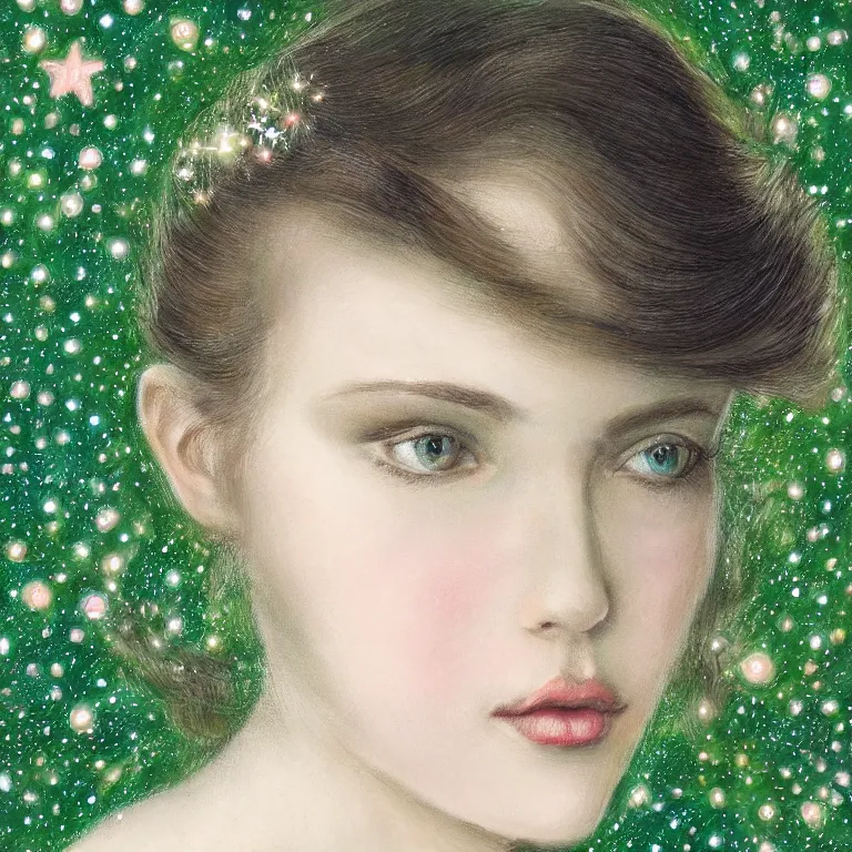 Prompt: a beautiful portrait of woman with beautiful eyes and lighting bugs and stars in hair, blossoming green leans in background, highly detailed