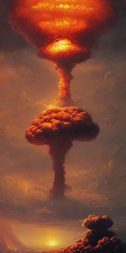 Prompt: A gigantic Mushroom Cloud from a colossal Atomic explosion in Mumbai, by Bruce Pennington, by Wayne Barlowe, by Greg Rutkowski, oil on canvas, masterpiece, detailed, dynamic, cinematic composition, beautiful lighting, view from ground, trending on artstation, top on pixiv, 8K, no frames,