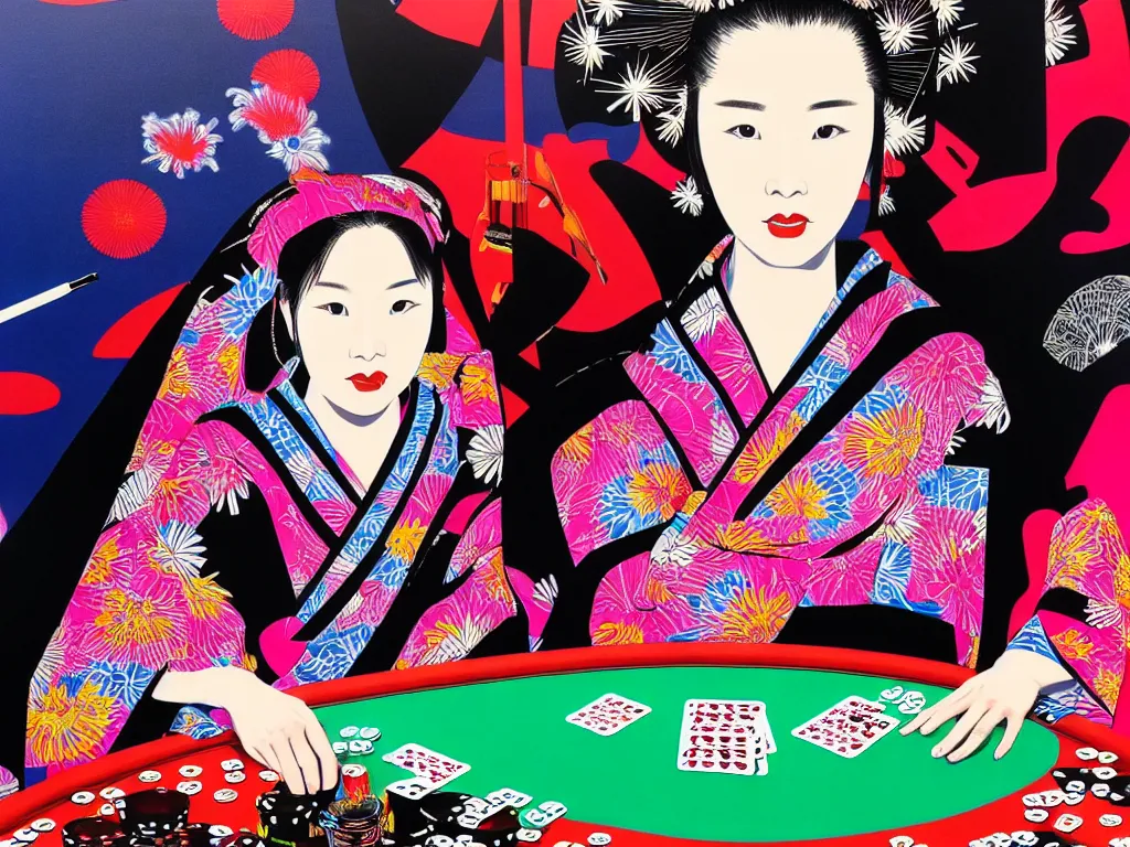 Prompt: hyperrealistic composition of the detailed woman in a japanese kimono sitting at a poker table with detailed darth vader, fireworks, mount fuji on the background, pop - art style, jacky tsai style, andy warhol style, acrylic on canvas