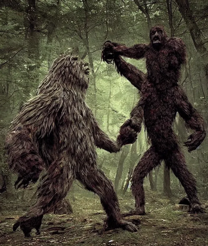 Image similar to bigfoot vs. mothman, cryptid battle, found footage, eerie, foreboding