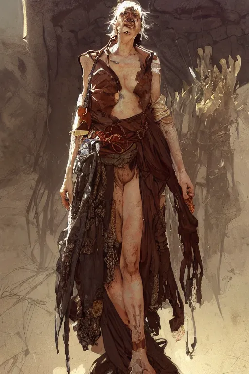 Image similar to a full body portrait of a beautiful post apocalyptic offworld priests quarter bedouin blind pulp fiction scarlet wild rogue barbarian leper begging by the roadside, intricate, elegant, highly detailed, digital painting, artstation, concept art, smooth, sharp focus, illustration, art by krenz cushart and artem demura and alphonse mucha