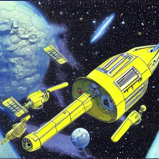 Prompt: little yellow spaceship with robot arm, in outer space, Ron cobb, Yoshitaka Amano, 1980s, science fiction
