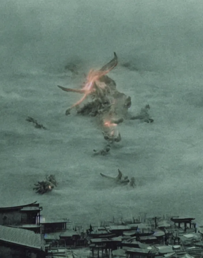 Image similar to a filmstill of a north korean monster movie, kaiju - eiga monster starfish - like trampling a traditional korean palace, foggy, film noir, epic battle, etheral, explosions, thriller, by akira kurosawa and wes anderson video compression