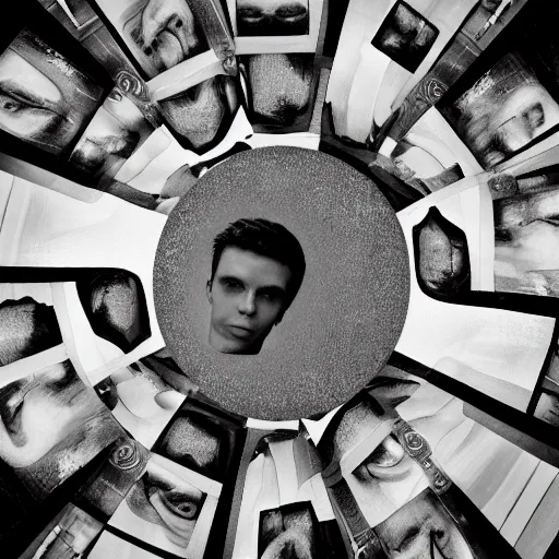 Image similar to recursive self portrait, black and white photograph