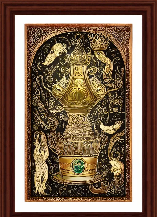 Image similar to sloth as the king of cups, copper cup, coper crown, poster framed, intricate details, medieval art style, high contrast, posterized