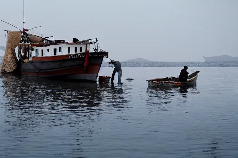 Image similar to cinematography Greek fisherman loading their boat by Emmanuel Lubezki