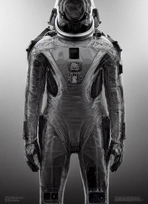 Image similar to astronauts in dark and empty void underwater - complex and hyperdetailed technical suit. reflection and dispersion materials. rays and dispersion of light. volumetric light. 5 0 mm, f / 3 2. noise film photo. flash photography. ultra realistic, wide angle. poster by wayne barlowe, hajime sorayama aaron horkey, craig mullins