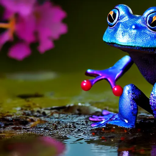 Prompt: cinematic shot of an anthropomorphic blue frog wearing a pink suit of armor aiming an AK-47 knee-deep in a swamp, very intricate, very detailed, depth of field,