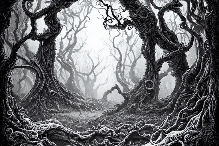 Prompt: portal to a lovecraftian realm in the gnarled woods by Joe Fenton