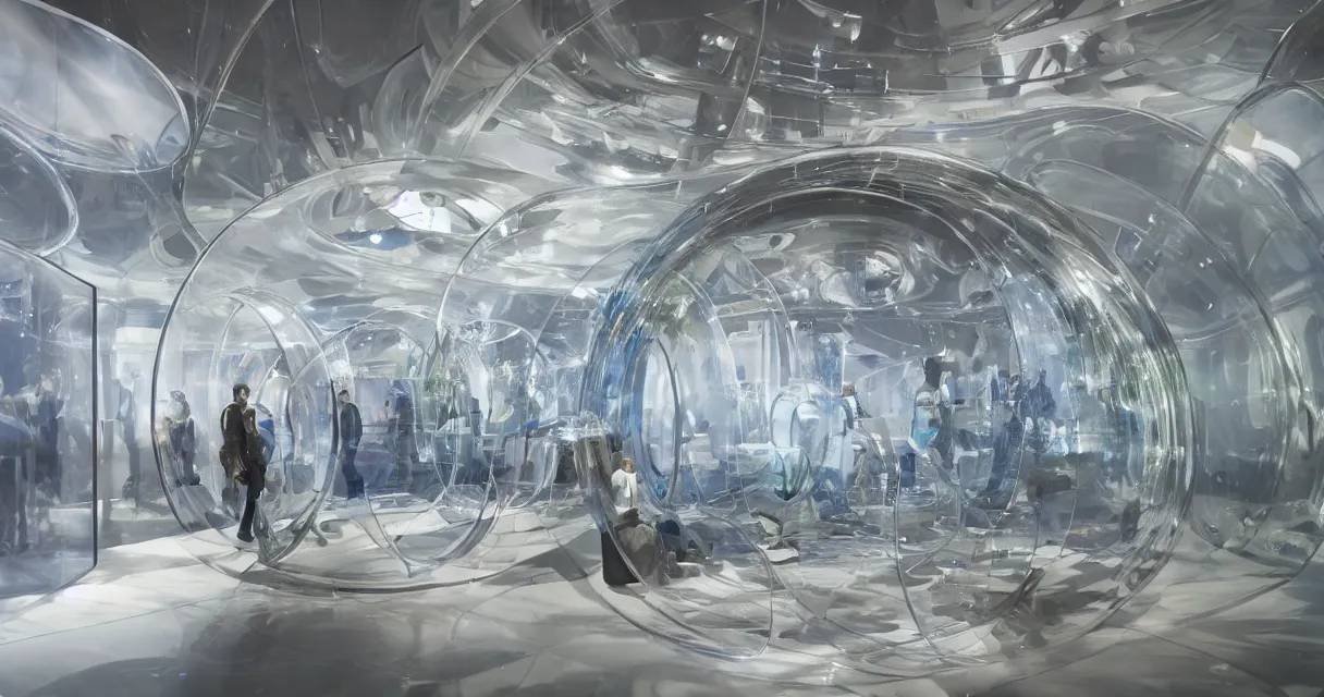 Prompt: futuristic exhibition full of glass cases with mini diorama exhibits encased in epoxy resin spheres, curious people observing the details, very high details, volumetric fog, raytracing, back light, raymarching, by ilm, by digital domain, by weta digital