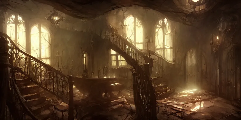 Image similar to dark sinister house interior by Bastien Lecouffe-Deharme and Charles Bowater, Greg Rutkowski, adventure game, inspired by Diablo concept art