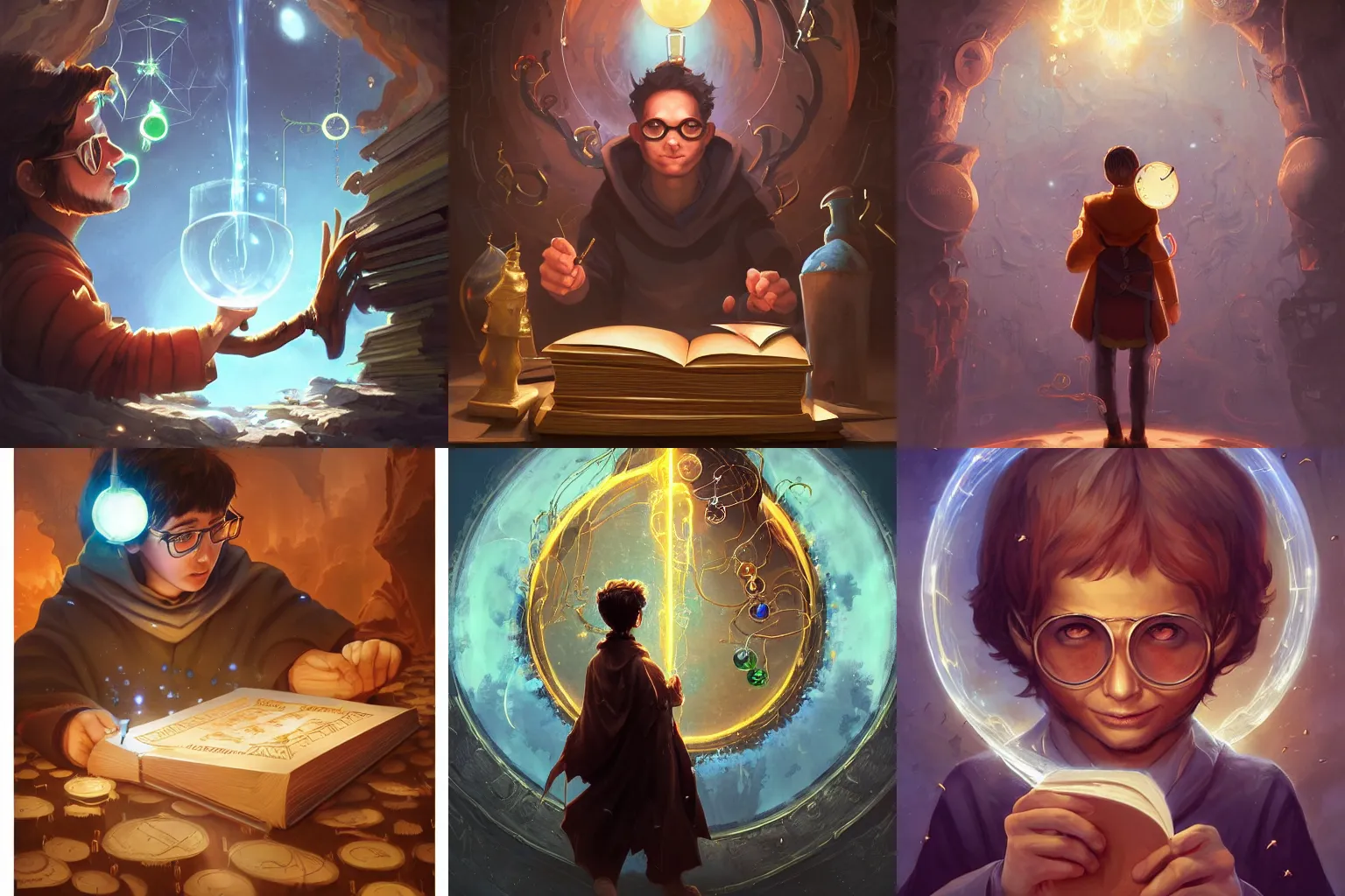 Prompt: a book cover featuring a brown-haired bespectacled young wizard, he is examining glowing diagrams in the shape of hourglasses and spiders, marc simonetti, anato finnstark, randy vargas, diego gisbert llorens, bayard wu, fantasy concept art, trending on artstation, 4k