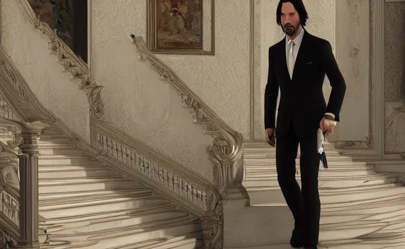 Prompt: sharp, highly detailed, color film of keanu reeves walking up the stairs in the palace, trending on artstation, nice composition, hyper real, photorealistic, octane render