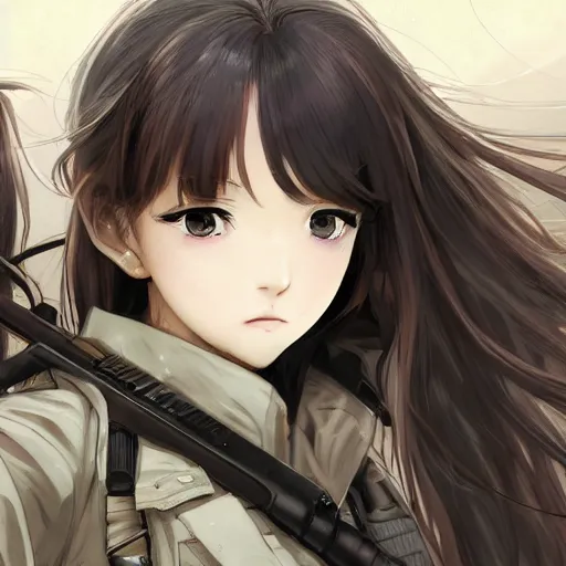 Prompt: infantry girl, anime style, long hair, hair down, symmetrical facial features, explosions, from girls frontline, combat clothes, hyper realistic, pale skin, 4 k, rule of thirds, extreme detail, detailed drawing, trending artstation, hd, fantasy, d & d, realistic lighting, by alphonse mucha, greg rutkowski, sharp focus, backlit