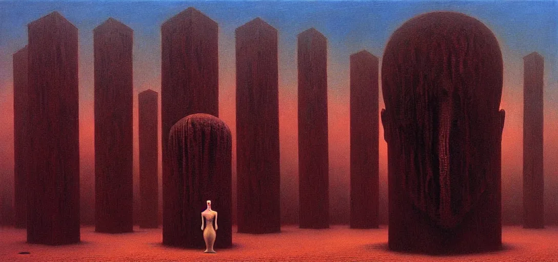 Image similar to deep shadows horror dystopian surreal painting of a single eerie head statue surrounded by buildings by zdzisław beksinski