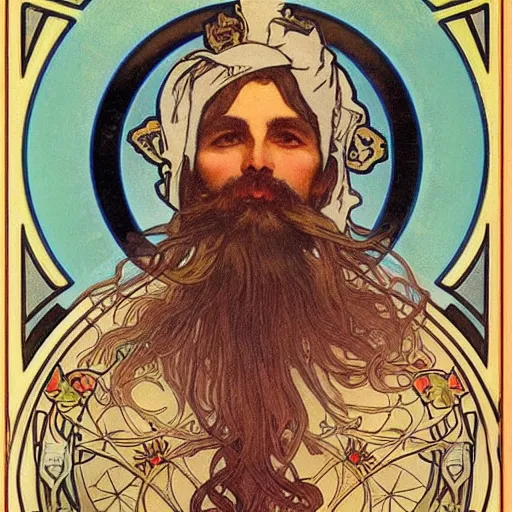 Image similar to a close up man with small mustache and small beard by louis - theophile hingre and alphonse mucha, realistic, sharp focus, zodiac signs, tarot cards, planets, ethereal, art nouveau, magic, moon, sun, crown, dreamy, royal, jewellery