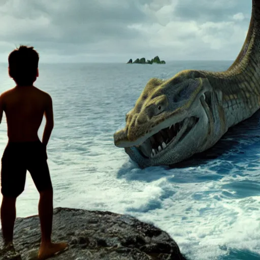 Prompt: a cinematic photo of a boy standing on the edge of a cliff over looking water, coming out of the water is a giant serpent water monster looking at the boy with it's mouth open