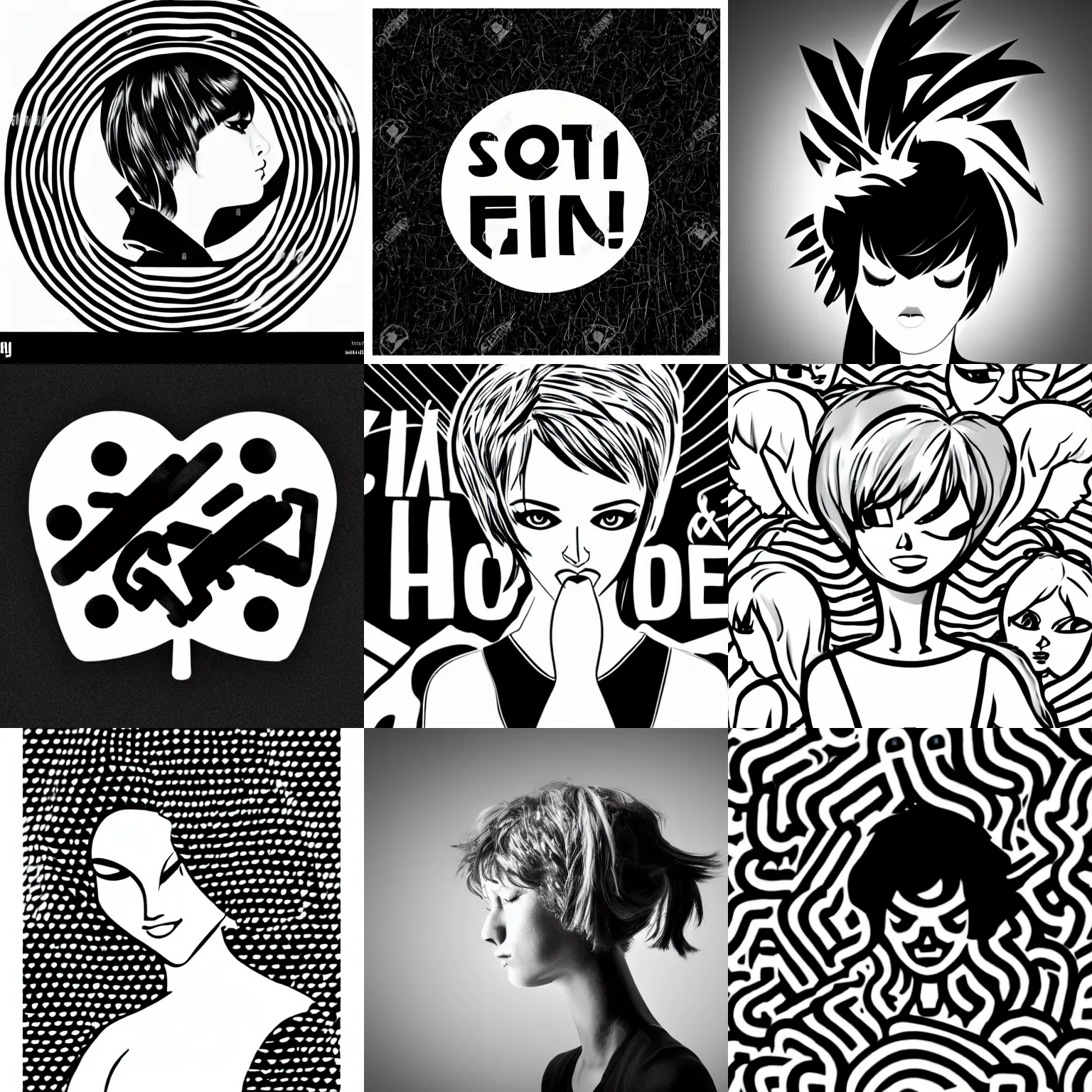 Image similar to black and white logo of faceless woman head and shoulders and hair, central composition, elegant, simple, in style of scott pilgrim