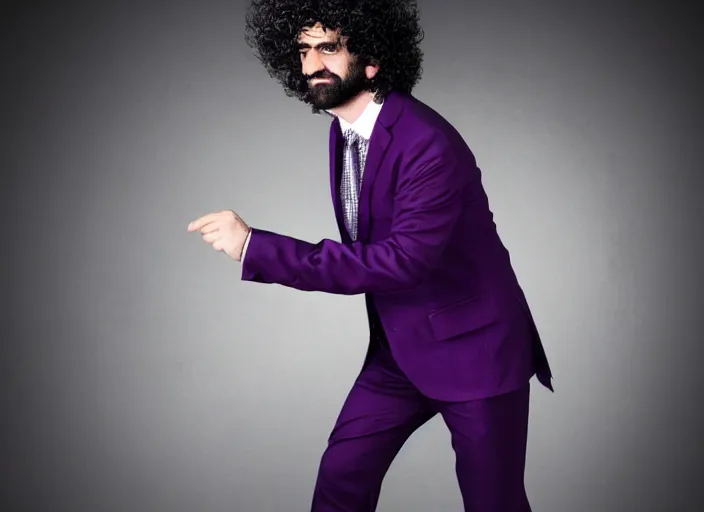 Prompt: caparezza wearing a tight dark purple suit, elegant, promotional photo, studio lighting
