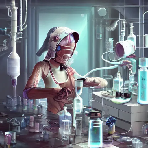Image similar to illustration mouse cyborg performing a chemistry experiment, in a cluttered lab, lots of beakers, cyberpunk, sci - fi fantasy, intricate, elegant, highly detailed, digital painting, artstation, concept art