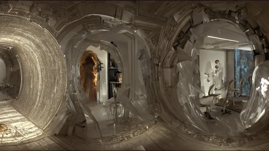 Prompt: an mri image open mri exposed uncovered machine portal in the living room, film still from the movie directed by denis villeneuve with art direction by salvador dali, wide lens