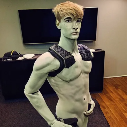 Image similar to “a realistic detailed photo of a guy who is an attractive humanoid who is half robot and half humanoid, who is a male android, twitch streamer Ninja Tyler Blevins, shiny skin, posing like a statue, blank stare, living room, display”