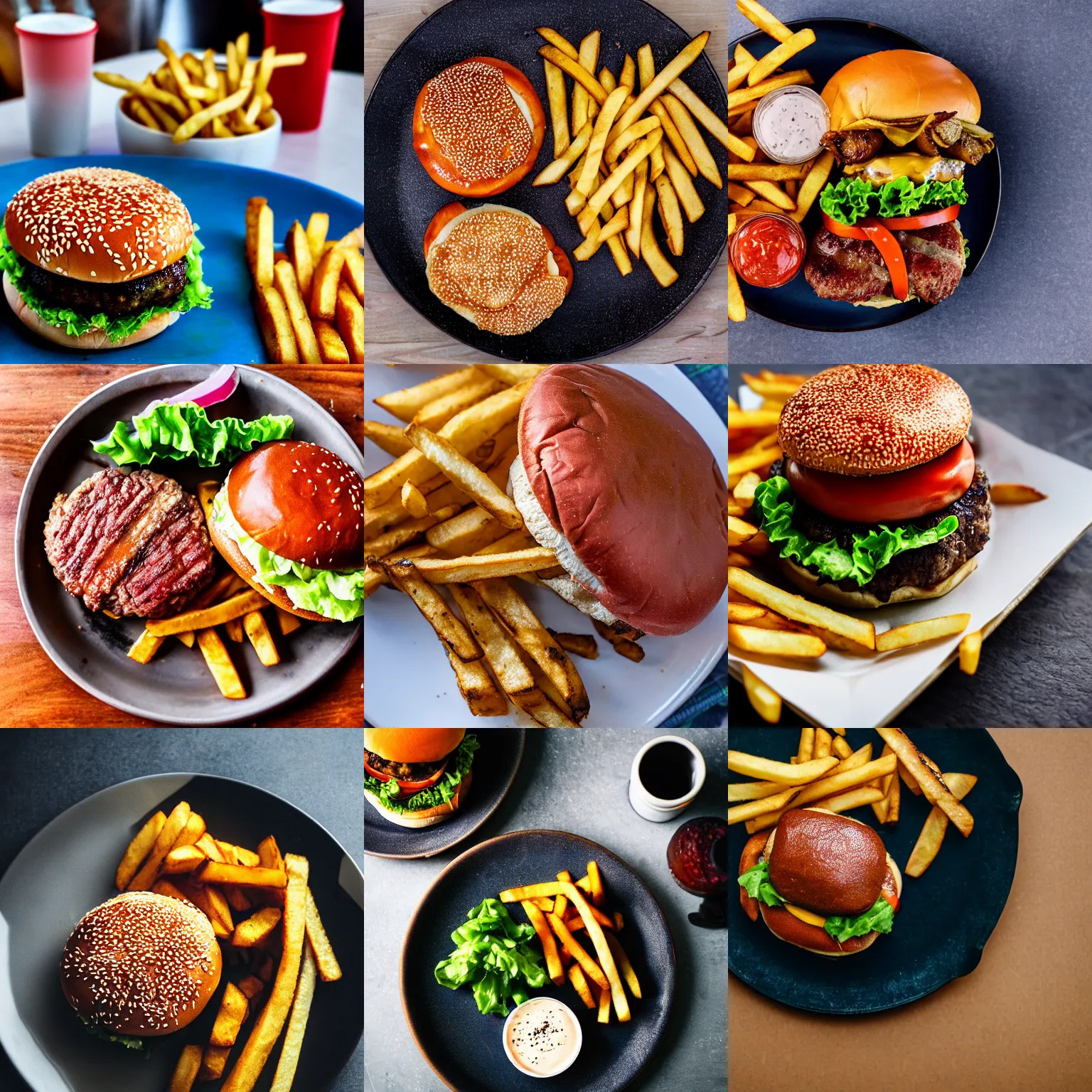Prompt: macro of burgers and fries on a plate