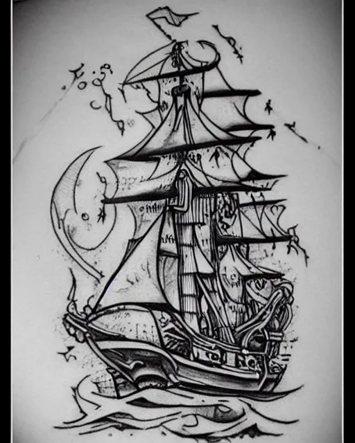 Prompt: A tattoo design sketch of a pirate ship, on paper, black and white, highly detailed, realistic tattoo, trending on pinterest