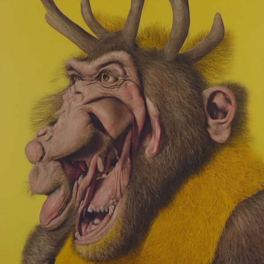 Prompt: hyper realistic portrait painting by chuck close, studio lighting, brightly lit yellow room, an ape with antlers laughing with a giant rabbit clown