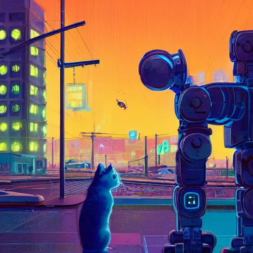 Image similar to a broad-shouldered, heavy construction robot reaching down to pet a kitten, in a neon-lit cyberpunk city, by Simon Stålenhag and James Gurney