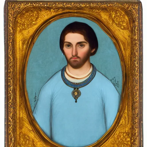 Image similar to a very detailed portrait of a young adult man in completely baby blue tunic, wearing a gold medallion!!! around his neck. he has an oval shaped head and roundish nose, blue eyes, kind face and no facial hair. he has dark brown hair and wears it in a tight long ponytail.