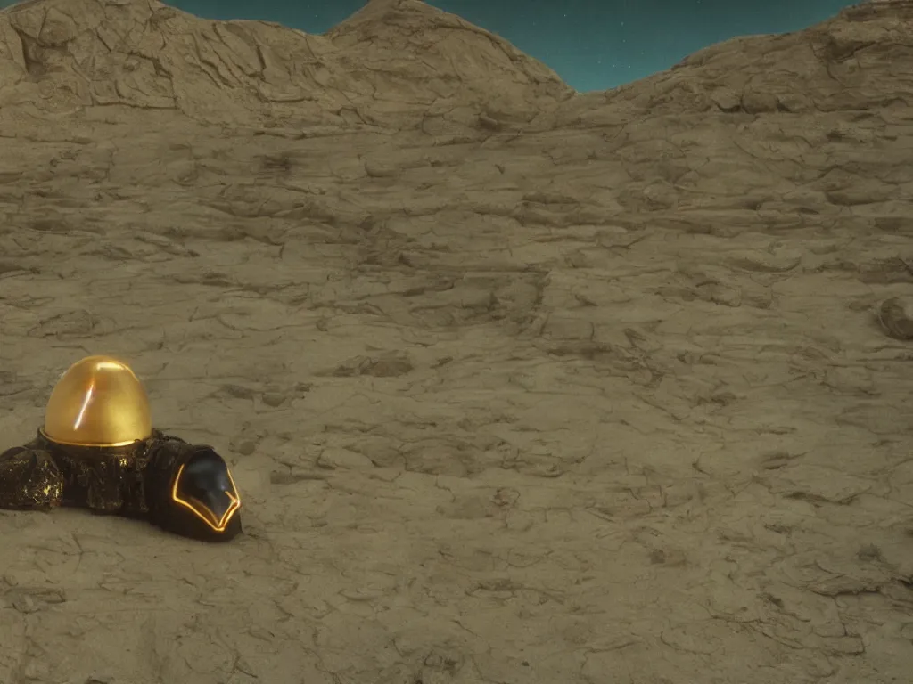 Image similar to glowing bene gesserit in full - face golden glowing mask in a black rocky desert landscape with alienabandoned city beneath the sand and giant alien spaceship in the sky attacks the earth by christopher doyle and alejandro jodorowsky, anamorphic lens, kodakchrome, cinematic composition, very detailed photo, 8 k,