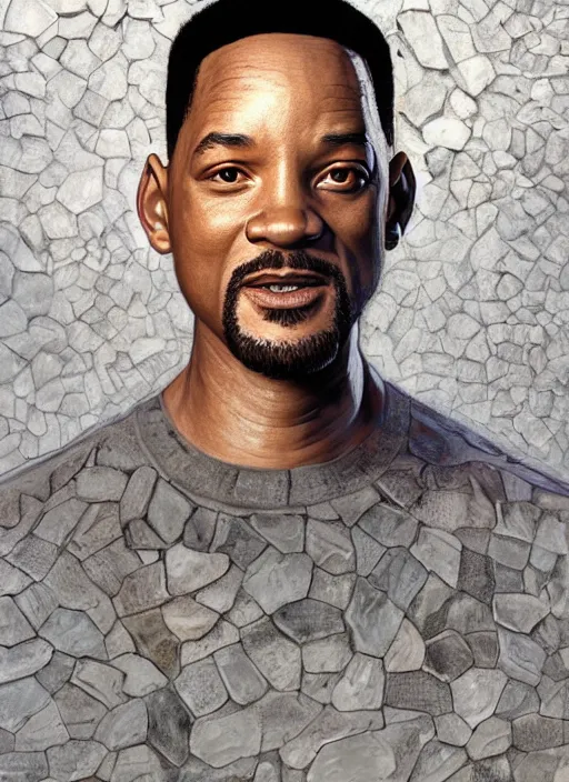 Image similar to portrait of will smith made out of rocks, au naturel, hyper detailed, digital art, trending in artstation, cinematic lighting, studio quality, smooth render, unreal engine 5 rendered, octane rendered, art style by klimt and nixeu and ian sprigger and wlop and krenz cushart