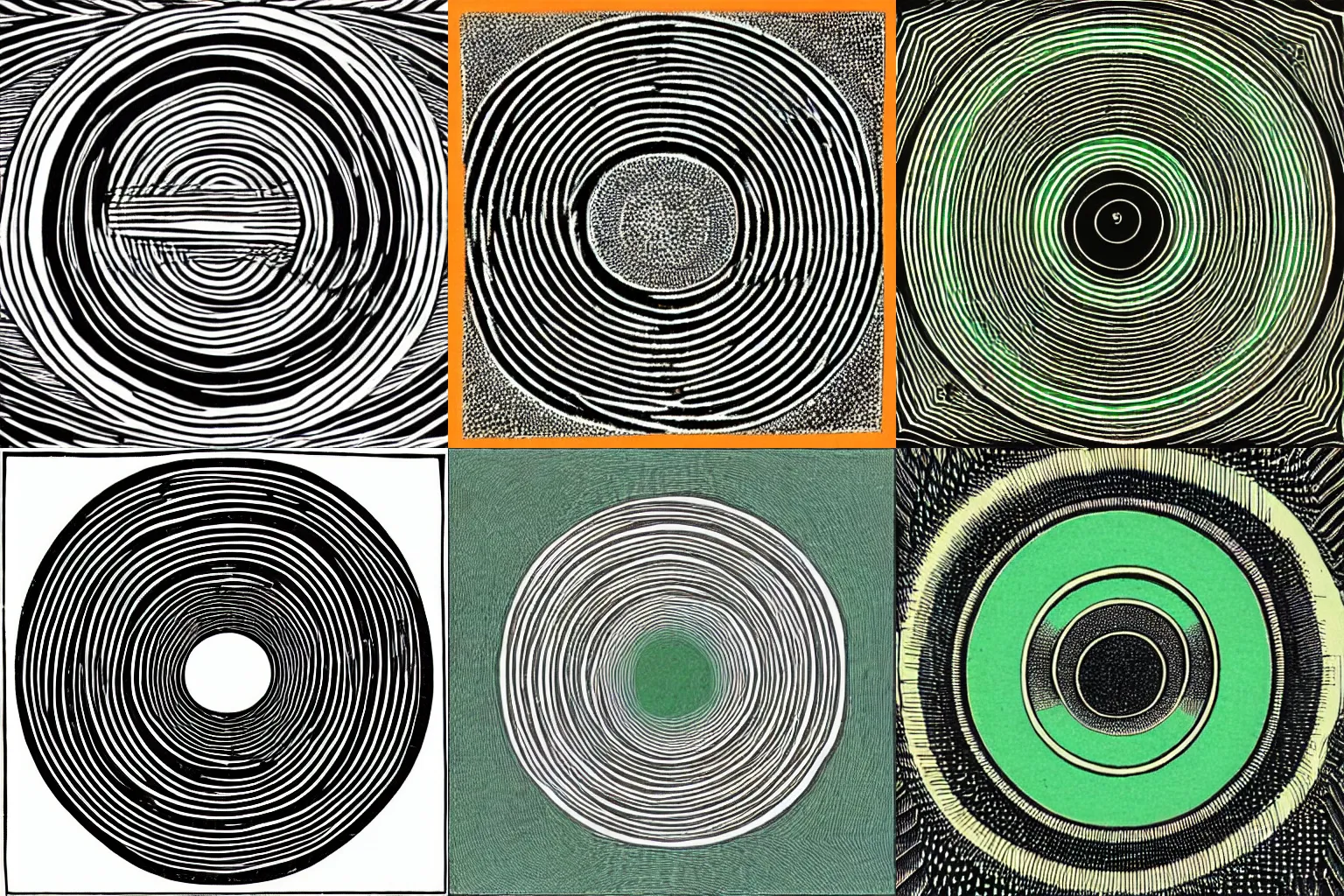 Prompt: Infinitely small rings grow from the center of the circle, reach a maximum size, and then diminish again as they reach the outer circumference. Escher’s woodcut in orange, green, and black.