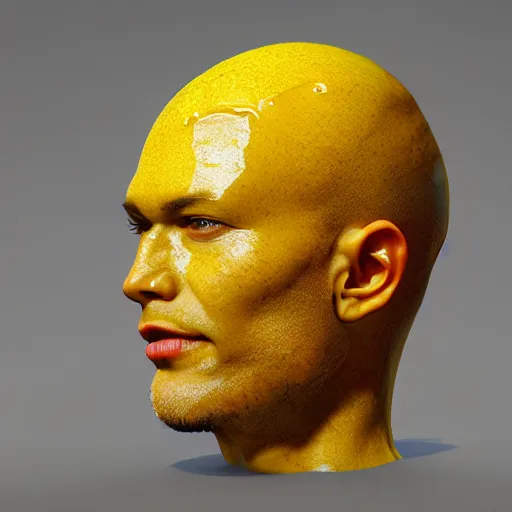Image similar to man's head made out of lemon skin, head is exploding into a swirl of jam, jam swirl explosion : ornate, dynamic, particulate, intricate, elegant, highly detailed, centered, artstation, smooth, sharp focus, octane render