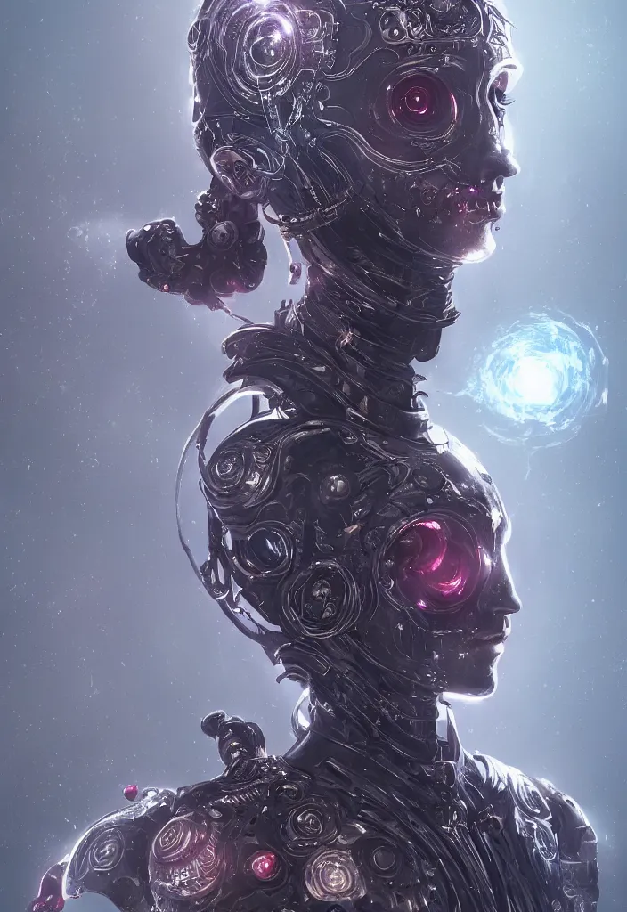 Image similar to a fancy portrait of a female android necromancer, aura of light, friendly, bloodborne style, artificial intelligence, scifi, futuristic, highly detailed, trending on artstation, advanced technology, art by vitaly bulgarov and nivanh chanthara and lance wilkinson