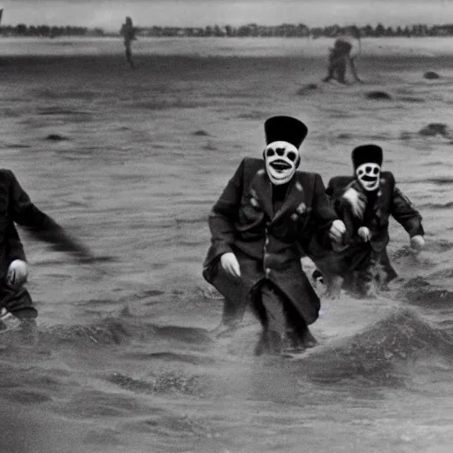 Prompt: circus clowns storming the beaches of normandy