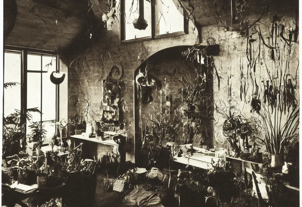 Prompt: 1970s color interior magazine photo of a dark witchcore office with candles, wooden walls with framed occult art with esoteric symbols, and a potted plant, with natural dappled light coming in through a circular window, in an attic