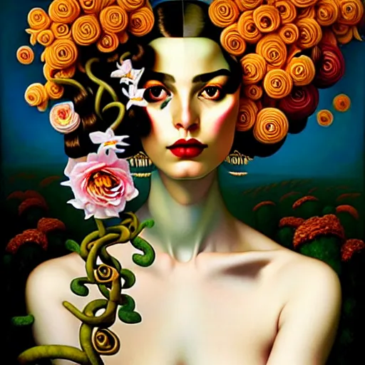 Image similar to dynamic composition, a painting of woman with hair of ( summer flowers )!! and vines wearing ornate earrings, ornate gilded details, a surrealist painting by tom bagshaw and jacek yerga and tamara de lempicka and jesse king, featured on cgsociety, pop surrealism, surrealist, dramatic lighting, wiccan, pre - raphaelite