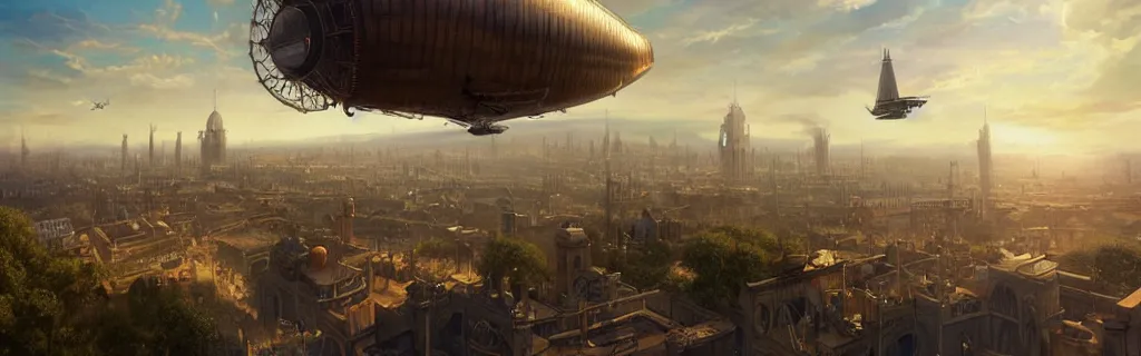 Prompt: a steampunk airship flying over a victorian city. 8 k, epic cinematic hyperrealism masterpiece. realistic poster with shaded lighting by craig mallismo, artgerm, jeremy lipkin and michael garmash, unreal engine, radiant light, detailed and complex environment, digital art, art station trends, detailed, lens flare, motion blur