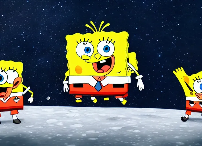 Image similar to spongebob squarepants on the surface of the moon, 8 k, bright ambient lighting key light, 8 5 mm f 1. 8