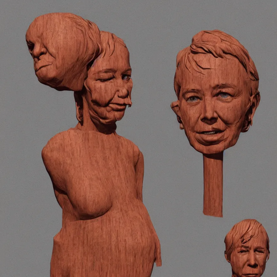 Prompt: realistic public sculpture portrait of a powerful stern woman, beautiful symmetrical face realistic proportions, carved out of a red oak wood on a pedestal by stephan balkenhol and martin puryear, hyperrealistic dramatic colored lighting trending on artstation 8 k