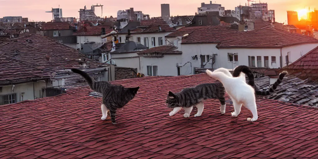 Image similar to cats running on rooftops during sunset