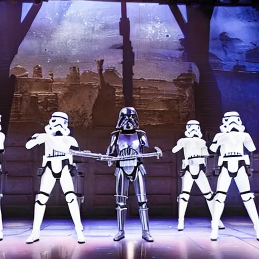 Image similar to Production photo of Star wars the musical on broadway, dancing, star wars costumes by Julie Taymor, set design by Julie Taymor