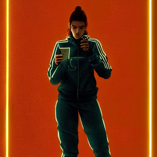 Image similar to portrait of attractive slav heroine wearing an addidas tracksuit with a phone in hand. illuminated phone screen, by greg rutkowski and wlop, detailed, cinematic, 8 k, intricate, rule of thirds.