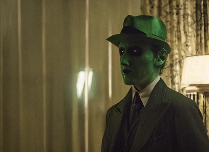 Image similar to film still of Paul Dano as Riddler in The Batman, 4k, dark lighting, film noir, grainy, dark tone