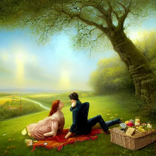 Prompt: by jimmy lawlor sticker illustration, ancient greek insane, meticulous. a digital art of a young woman & a well - dressed man enjoying a picnic lunch on a grassy knoll. the man is shown seated facing the woman, & he is looking directly at her. both figures are surrounded by a dense forest.