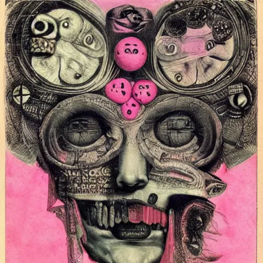 Prompt: post - punk new age album cover, asymmetrical design, dollar sign, money, magic, apocalypse, psychedelic, black white pink, magic, giger h. r., giuseppe arcimboldo