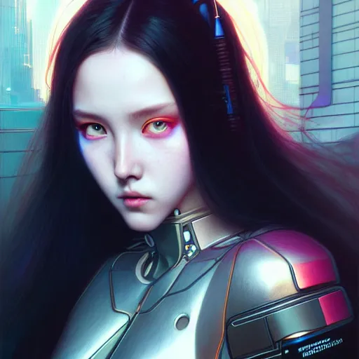 Image similar to portrait painting of cyberpunk olivia hye from loona, ultra realistic, concept art, intricate details, eerie, highly detailed, photorealistic, octane render, 8 k, unreal engine. art by artgerm and greg rutkowski and magali villeneuve and alphonse mucha