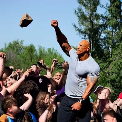 Image similar to photo of Dwayne Johnson throwing a rock to a group of his exited fans